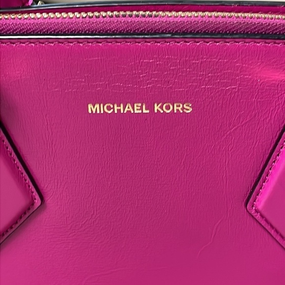 Michael Kors Collection Casey Large Leather Satchel Purse Padlock Bright Pink - Picture 3 of 16